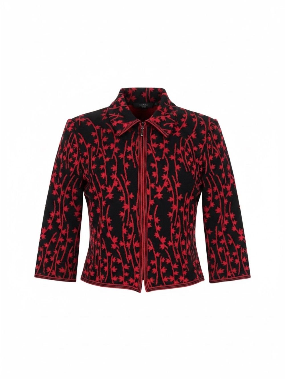 Vintage St. John Collection Marie Gray Black Red Jacquard Zip Jacket Size 8 - Picture 3 of 9